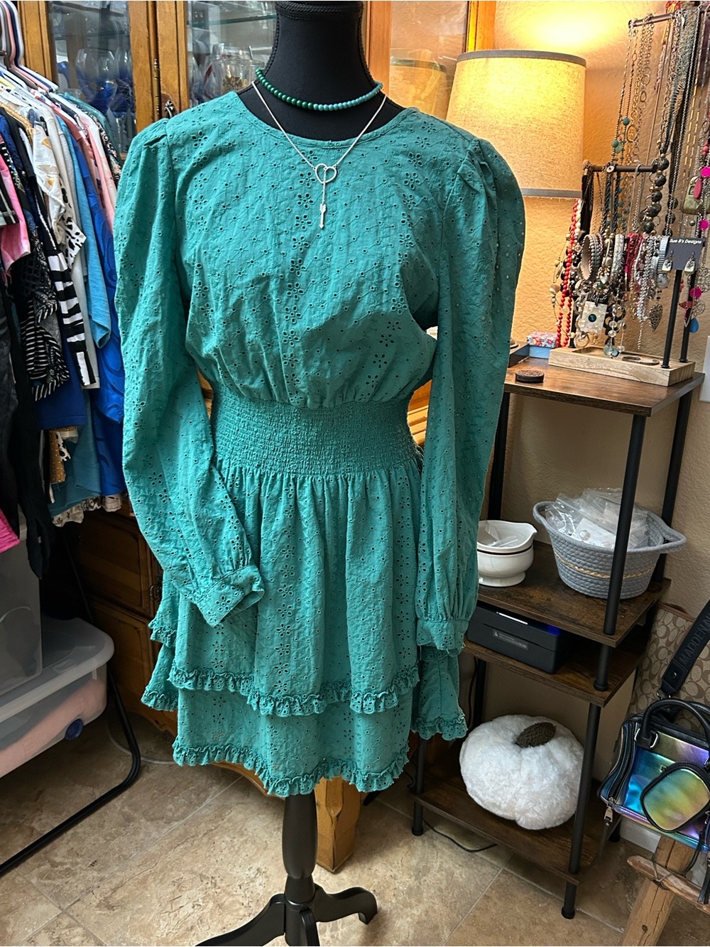 Splendid x Cella Jane Teal Eyelet Tiered Mini Dress Size M Cotton